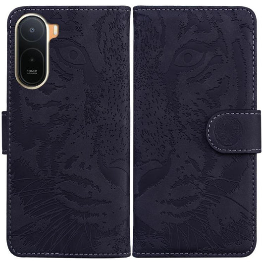 Tiger embossing flip leather phone case in dark navy showing camera cutout.