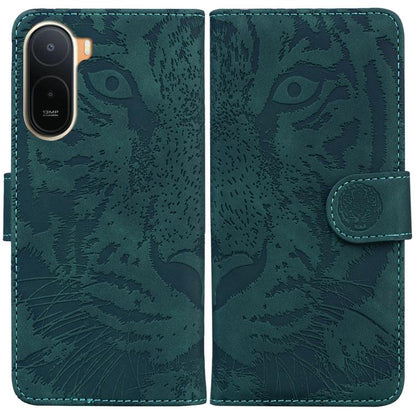 Tiger-embossing leather flip phone case in deep green with magnetic clasp