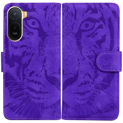 Tiger-embossing leather flip phone case in purple with magnetic clasp