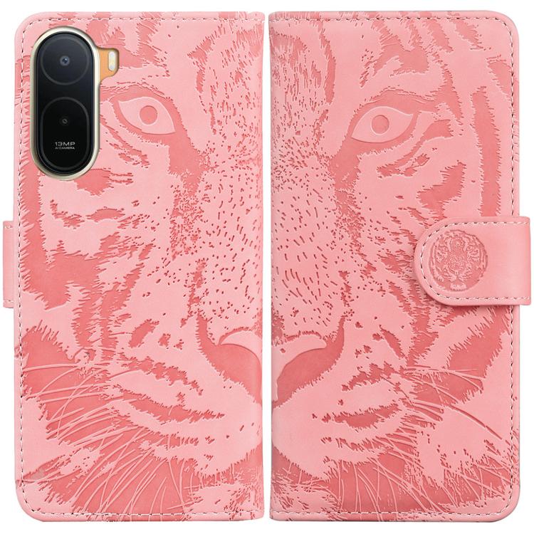 Tiger-embossing leather flip phone case in light pink with magnetic clasp