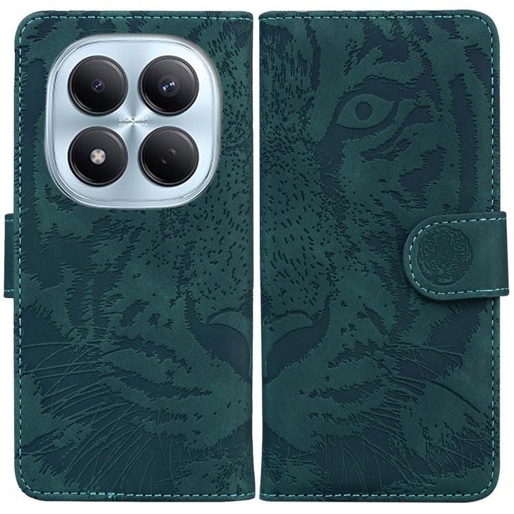 Green tiger-emboss flip phone case with circular clasp and side card slot on the flap.
