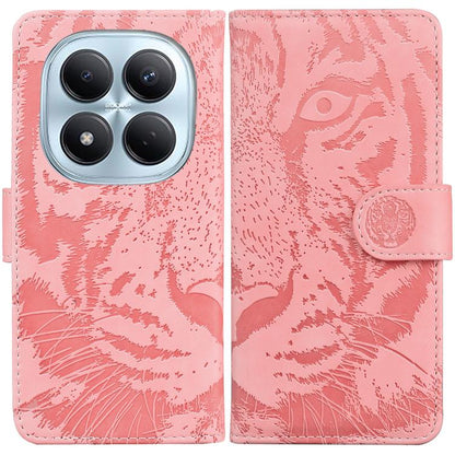 Pink tiger-embossed flip leather phone case with magnetic strap and circular badge