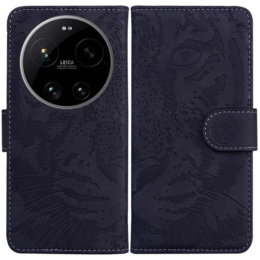 Tiger embossed leather flip phone case with camera cutout and card holder flap, dark blue