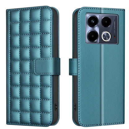 Quilted leather-style flip phone case with strap, turquoise/teal color, front and back view