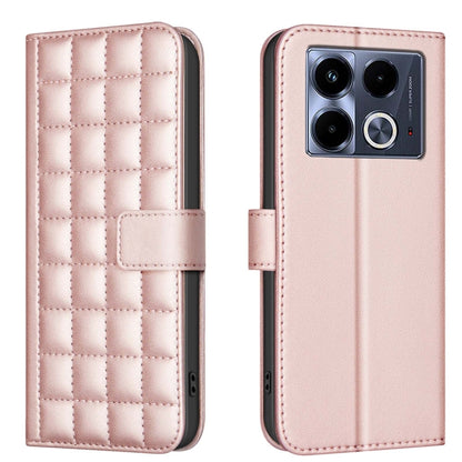 Rose leather phone case with quilted grid texture and fold-over strap