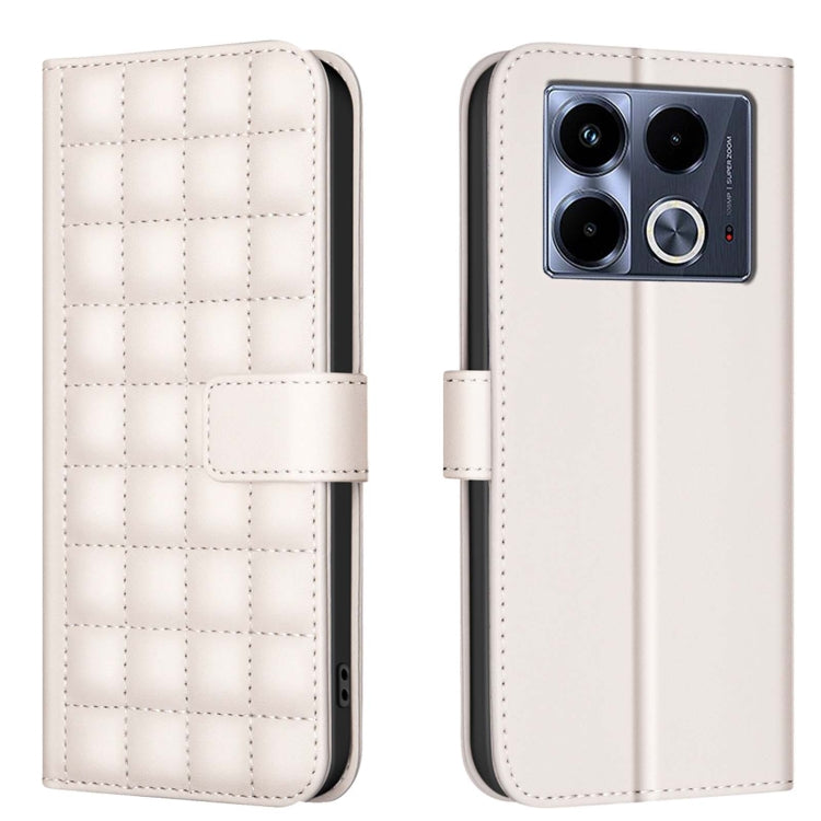 Light beige leather phone case with quilted grid texture and fold-over strap