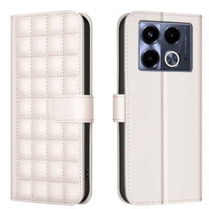 Light beige leather phone case with quilted grid texture and fold-over strap