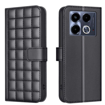 Black leather phone case with quilted grid texture and fold-over strap