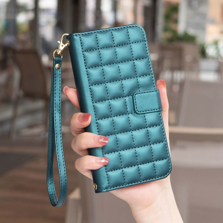 Teal quilted leather wallet phone case with wrist strap and side buckle