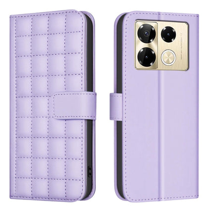 Quilted leather-style flip phone case with strap, light purple/lavender color, front and back view