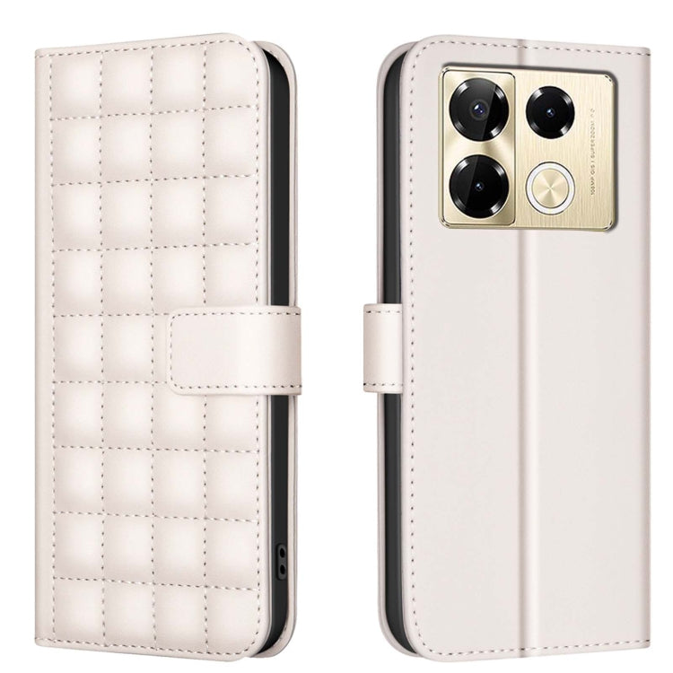 Quilted leather-style flip phone case with strap, beige/cream color, front and back view