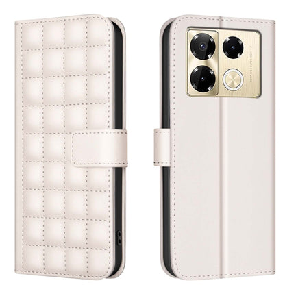 Quilted leather-style flip phone case with strap, beige/cream color, front and back view
