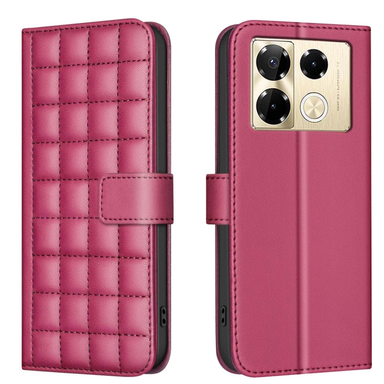 Quilted leather-style flip phone case with strap, fuchsia/magenta color, front and back view