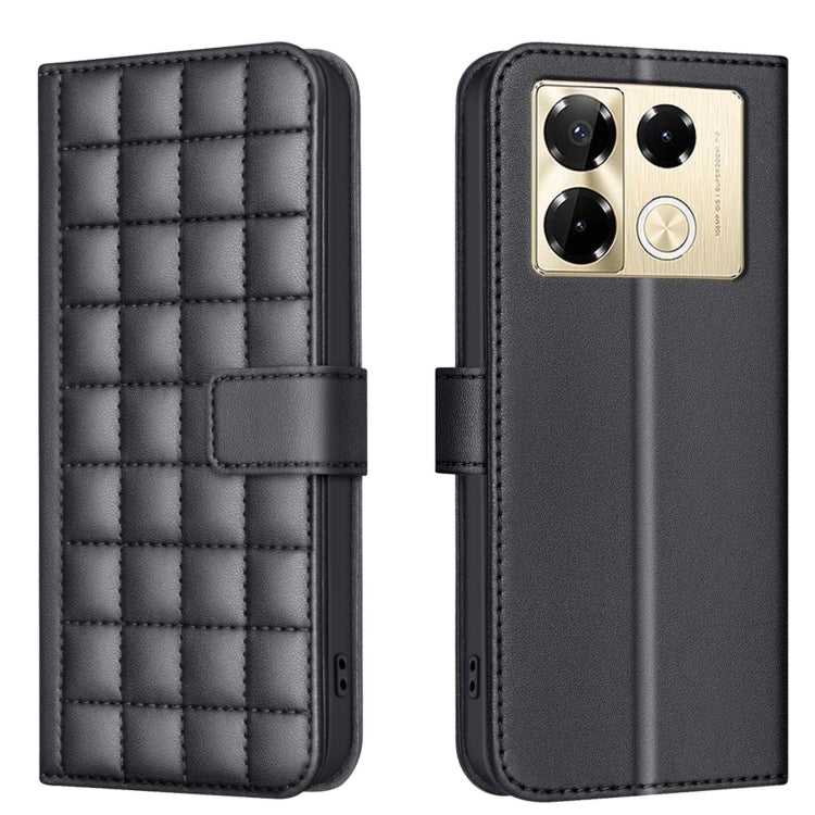 Quilted leather-style flip phone case with strap, black/dark gray color, front and back view