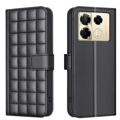 Quilted leather-style flip phone case with strap, black/dark gray color, front and back view