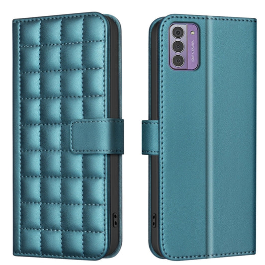 Blue quilted leather wallet phone case with magnetic flap and side button cutouts