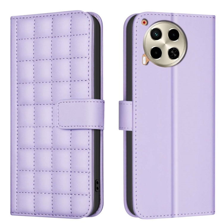 Quilted square leather flip phone case in lavender with magnetic strap and camera cutout