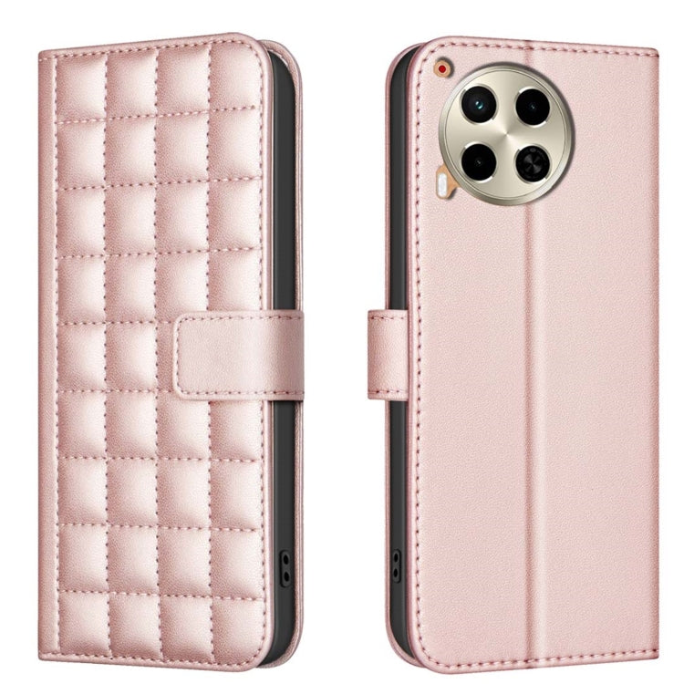 Quilted square leather flip phone case in rose gold with magnetic strap and camera cutout