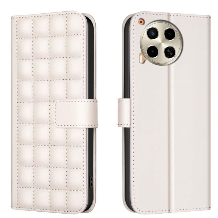 Quilted square leather flip phone case in off-white with magnetic strap and camera cutout