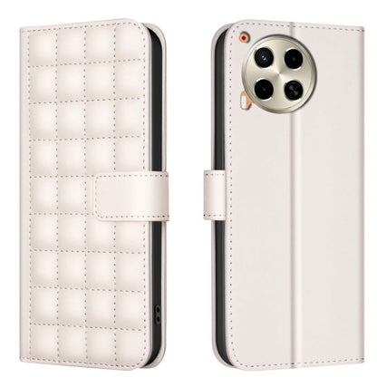 Quilted square leather flip phone case in off-white with magnetic strap and camera cutout