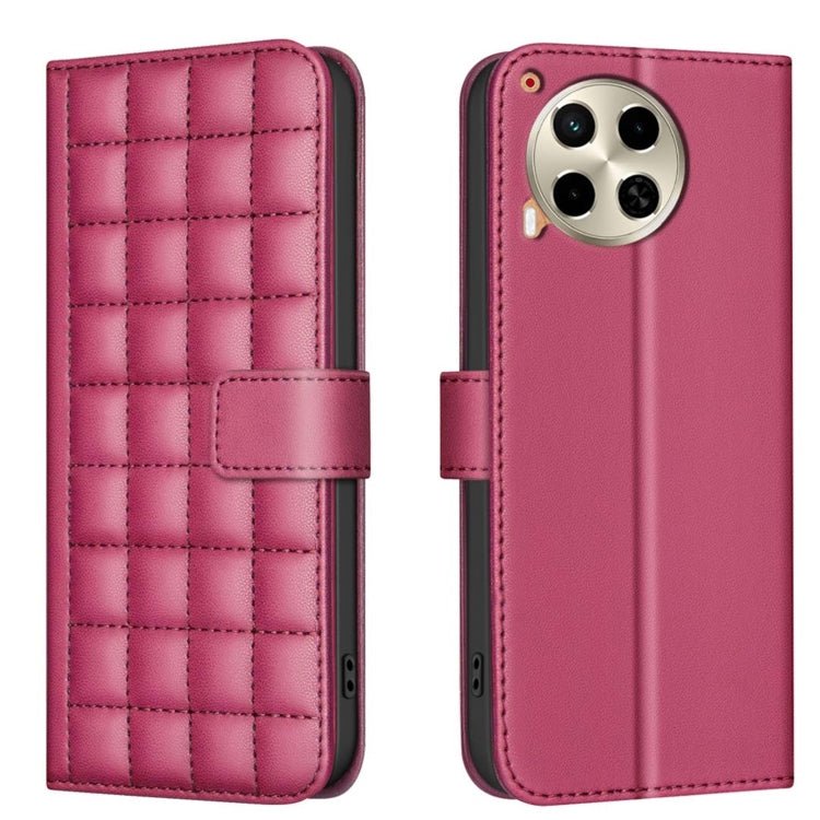 Quilted square leather flip phone case in magenta with magnetic strap and camera cutout
