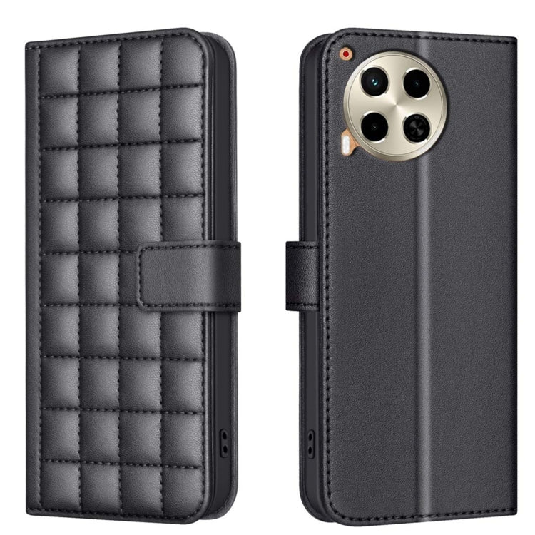 Quilted square leather flip phone case in dark gray with magnetic strap and camera cutout