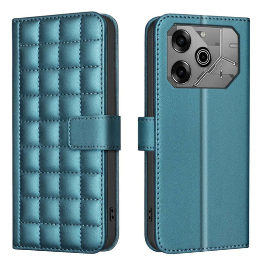 Teal quilted leather phone folio case with magnetic flap and stitched grid pattern
