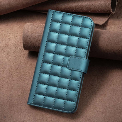 Teal quilted leather phone folio case with magnetic flap, stitched square panel texture