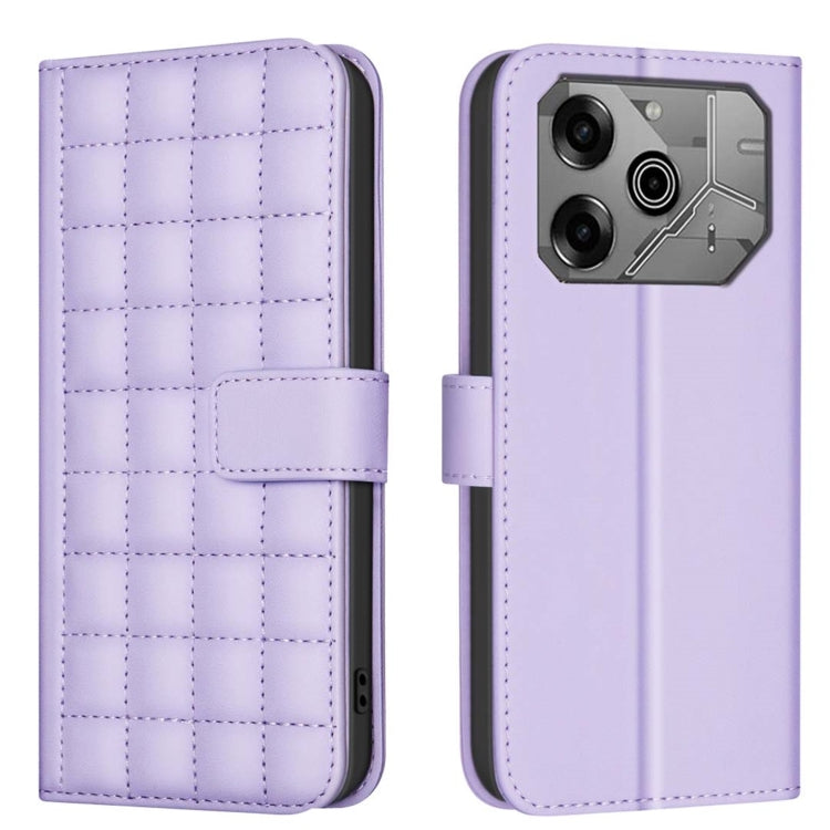 Lavender quilted leather phone folio case with magnetic flap and stitched square texture