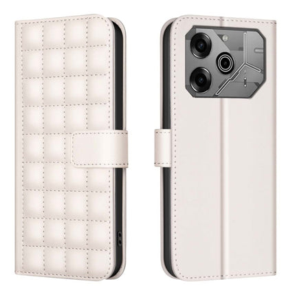 White quilted leather phone folio case with magnetic flap and stitched square panel texture