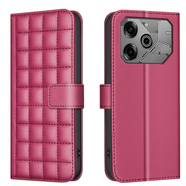 Quilted square leather flip phone case in pink with magnetic strap and camera cutout