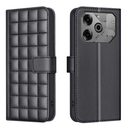 Quilted square leather flip phone case in black with magnetic strap and camera cutout