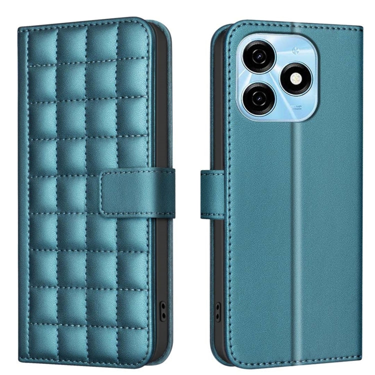 Quilted leather phone case with side buckle strap, blue-teal color, back camera cutouts.