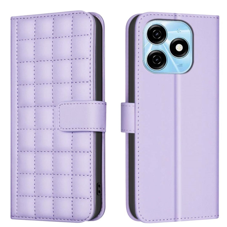 Quilted leather phone case with side buckle strap, light purple color, back camera cutouts.
