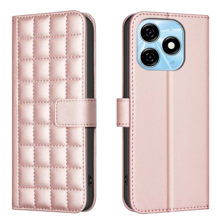 Quilted leather phone case with side buckle strap, rose-pink color, back camera cutouts.