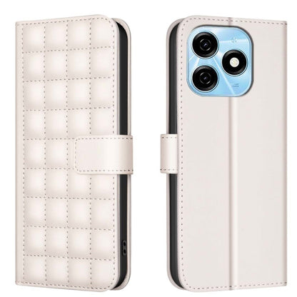 Quilted leather phone case with side buckle strap, light cream color, back camera cutouts.