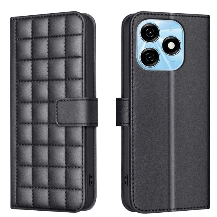 Square-texture leather phone case with quilted pattern and magnetic wallet flap, black