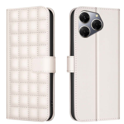 White quilted leather phone case with flip cover and side camera cutout