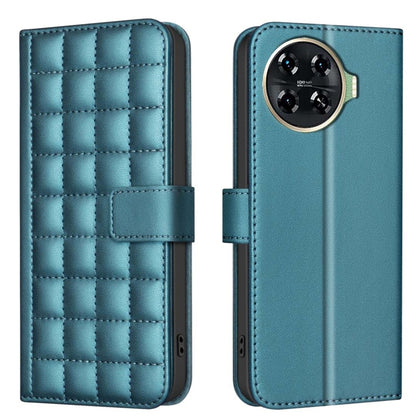 Quilted square leather flip phone case in turquoise with magnetic strap and camera cutout