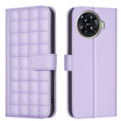 Quilted square leather flip phone case in light purple with magnetic strap and camera cutout