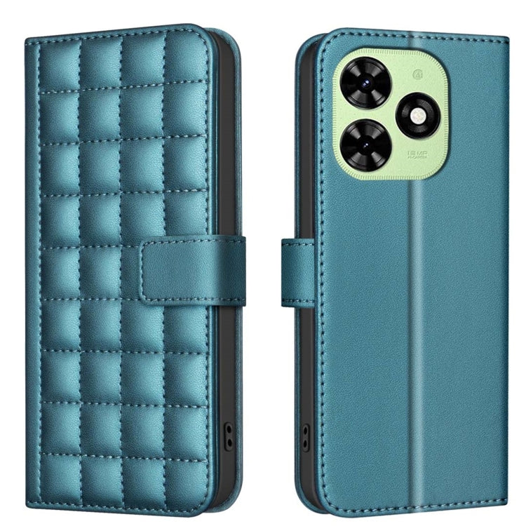 Quilted leather phone case with side buckle strap, blue-green color, dual camera cutout.
