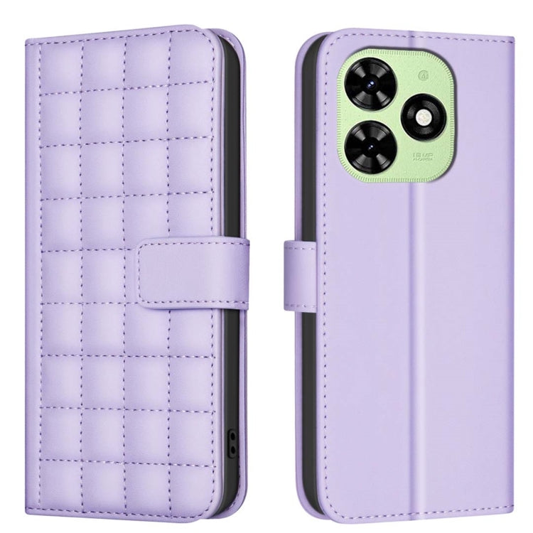 Quilted leather phone case with side buckle strap, lavender color, camera cutout opening.