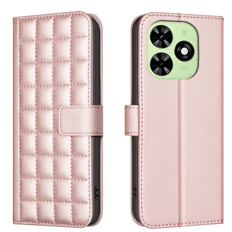 Quilted leather phone case with side buckle strap, rose-pink color, camera cutout opening.