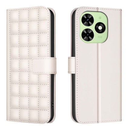 Quilted leather phone case with side buckle strap, light cream color, camera cutout opening.