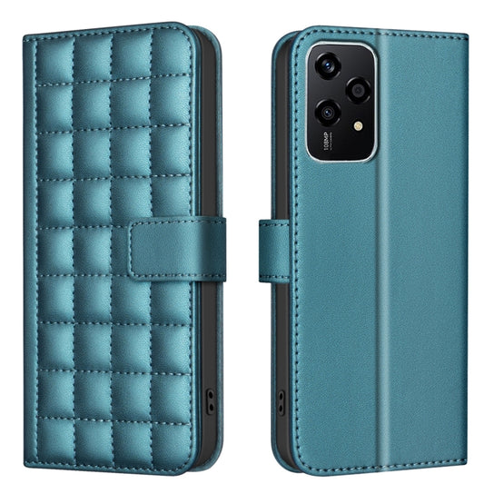 Teal leather phone case with square-quilt front and camera cutout on back