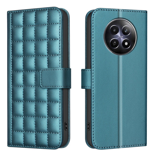 Teal quilted leather phone case with square texture and fold-over buckle strap