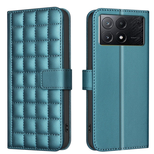 Teal quilted leather phone case with square pattern and side button cutouts, flip cover.
