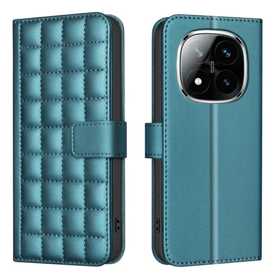 Teal quilted square leather phone case with magnetic folio strap, camera cutout