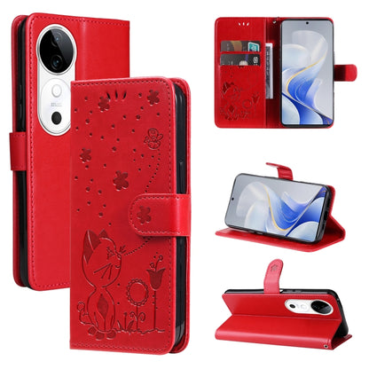 Cat and Bee Embossed Flip Leather Phone Case, For vivo V40 5G, For vivo Y28 4G