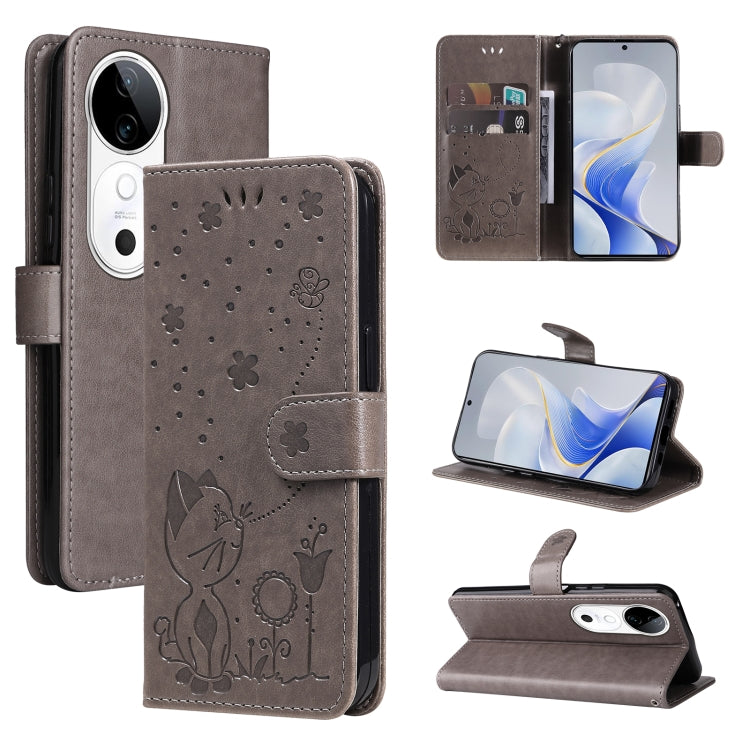 Cat and Bee Embossed Flip Leather Phone Case, For vivo V40 5G, For vivo Y28 4G